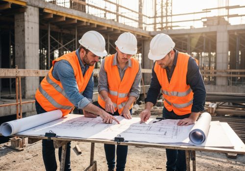 construction-workers-collaborating-blueprints-construction-site_Freepik